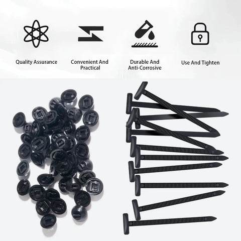 50 Pack Nylon Universal Cable Tie Buckles With Pin And Button Self Locking Design UV Resistant For Car Bumpers shown
