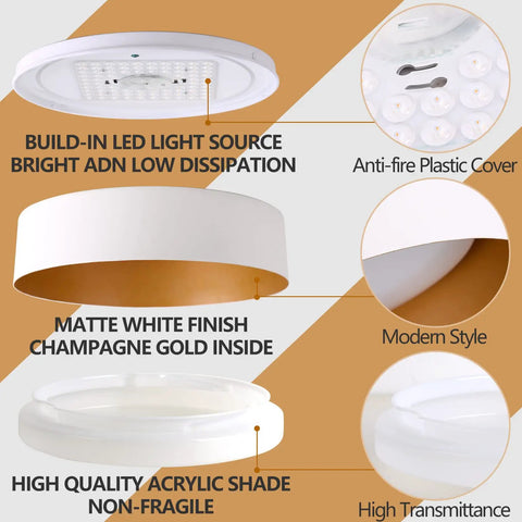Dope 16.5 Inch Dimmable LED Flush Mount Ceiling Light Matte White With Gold Interior 3000K Warm White 30W Modern Fixture For Closet Hallway Entryway Kitchen Living Room