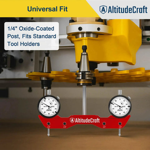 Pro Grade Dope Mill And Lathe Tramming System With Dual 0.001 Inch Dial Indicators, 1/4 Inch Shank CNC Router Calibration Tool For Mini Mills And Spindle Squaring, Protective Case Included shown close-up installed in CNC router