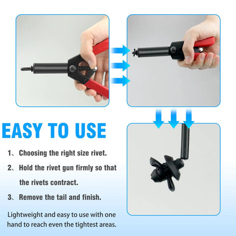 Hands using All In One Rivet Gun Set With Nylon Blind Rivets In Three Sizes 30 Pieces Hand Riveter For Automotive Repairs And More DIY Garage