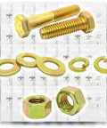 Grade 8 Hex Cap Screws Nuts And Washers Assortment Kit 4022 Pieces Heavy Duty Zinc Yellow Finish Includes One Quarter Inch Five Sixteenths Inch Three Eighths Inch One Half Inch And Five Eighths Inch Screws Nuts And Washers For DIY Projects with zinc yellow screws nuts washers against package background