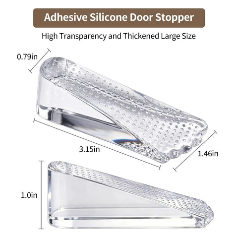 Two Pack Clear Silicone Door Stoppers Set for Floor or Wall Use, No Hassle Self Stick Bumper shown with dimensions.