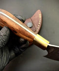 Damascus Steel Leather Cutting Knife With Round Head Blade And Wood Handle For Leather Fabric Vinyl And Crafts held in hand