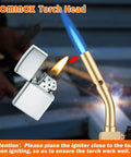 Beast Mode Brass Propane Torch Head With Manual Start, igniting with lighter, solid brass, high-temp flame visible