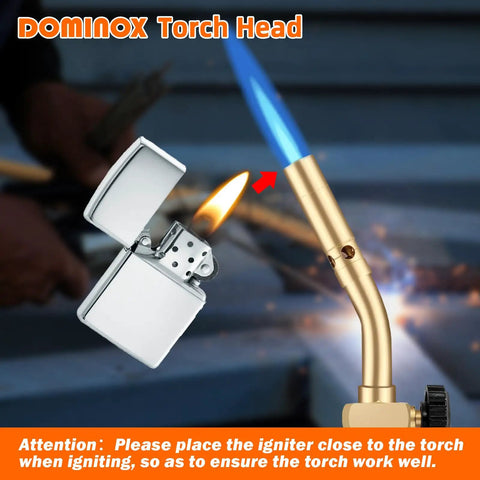 Beast Mode Brass Propane Torch Head With Manual Start, igniting with lighter, solid brass, high-temp flame visible