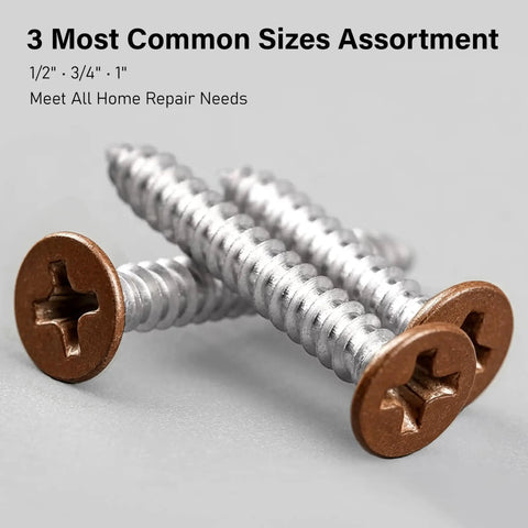 Self Tapping Brown Head Wood Screws Kit 120 Pieces Philips Flat Head Assorted Sizes One Half Inch, Three Quarter Inch, One Inch For DIY Projects And Quick Home Fixes Perfect For Cabinets, Furniture, Shelves And General DIY Repairs For Woodworking And, brown flat-head wood screws 1/2 in, 3/4 in, 1 in