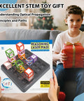 Boy with gift and Laser Maze STEM Logic Toy For Kids Ages 8 To 13, 60 Plus Challenges Puzzle Games To Boost Spatial Thinking