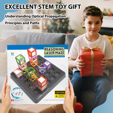 Boy with gift and Laser Maze STEM Logic Toy For Kids Ages 8 To 13, 60 Plus Challenges Puzzle Games To Boost Spatial Thinking