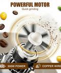 Premium 304 Stainless Steel Electric Grain Mill Grinder showing powerful 300W motor with coffee beans, ideal for quick grinding.