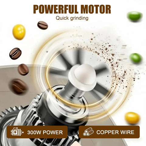Premium 304 Stainless Steel Electric Grain Mill Grinder showing powerful 300W motor with coffee beans, ideal for quick grinding.