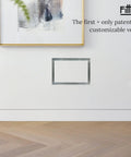 Flush Mount Wall Vent Cover 4x10 Inch, Minimalist White ABS Plastic HVAC Air Return Grille, installed on living room wall.
