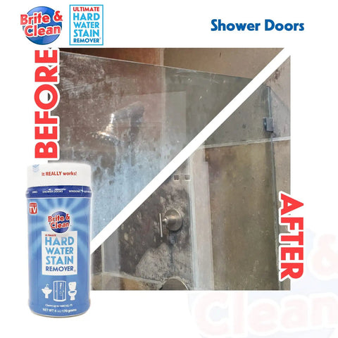 Ultimate Hard Water Stain Remover For Glass And Shower Doors That Actually Works shown in before and after effect on shower door.