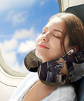 Woman using U Shaped Travel Neck Pillow With Head And Neck Support For Long Haul Flights And Road Trips Super Comfy Napping Cushion