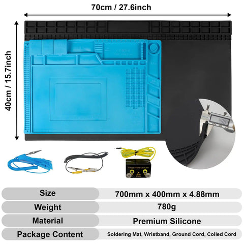 Extra Large Soldering Mat 27.6 Inches By 15.7 Inches With ESD Wrist Strap Grounding Kit and accessories displayed on mat