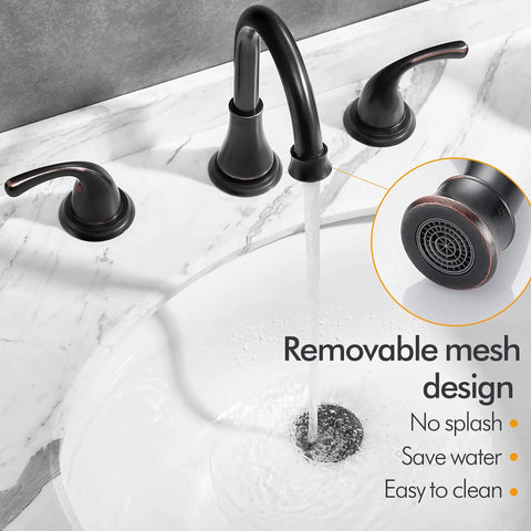 Two Handle 3 Hole Widespread Bathroom Faucet With Pop Up Drain And Overflow, Oil Rubbed Bronze Finish, 8 Inch Spread