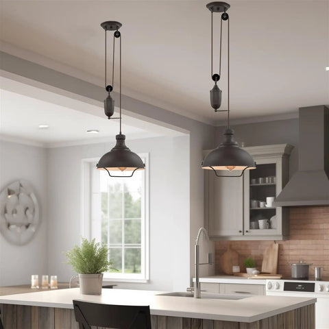 Sequoia 13 Inch Dope Industrial Pulley Pendant Light With Dome Shade And Counterweight In Oil Rubbed Bronze Finish over kitchen island
