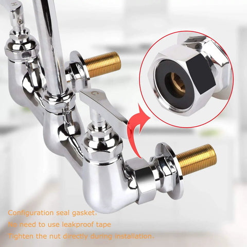 Commercial 8 Inch Center Wall Mount Kitchen Faucet With 12 Inch Swivel Spout And Two Handles For 2 Or 3 Bay Prep And Utility Sinks Easy Install Pro Grade Durable Brass Construction Backsplash Ready For Home Use showing connection detail.