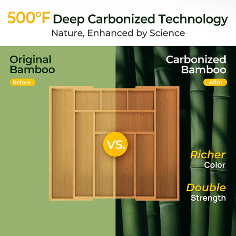 Comparison of original and carbonized bamboo used in Carbonized Bamboo Expandable Kitchen Drawer Organizer, showing color and strength differences.