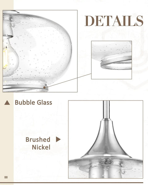 Close-up of JAZAVA 9.8 Inch Brushed Nickel Pendant Lights Kitchen Island, Bubble Glass showcasing textures and materials.