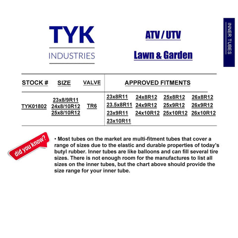 Size and fitment chart for Two Pack ATV Inner Tubes 25x8-12 To 25x10-12 Fitment For 25x9-12 UTV And ATV Tires With TR6 Metal Valve Stems
