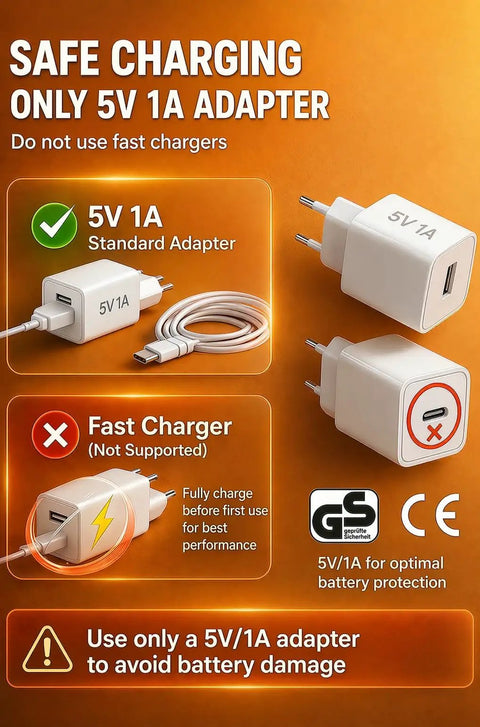 Image showing safe charging instructions for devices using a 5V 1A adapter, highlighting not to use fast chargers to prevent damage.