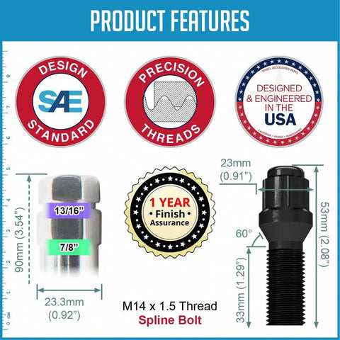 20 Pcs M14 X 1.50 Thread Acorn Seat Spline Lug Bolts Black Finish 33mm Shank Heavy Duty Wheel Hardware Kit product features