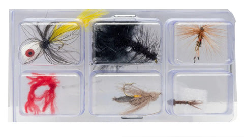 Fly assortment from All In One Fly Fishing Kit With Eight Foot Five To Six Weight Three Piece Rod Rim Control Reel Pre Spooled