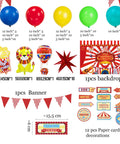 Circus Theme Party Decorations Kit With Balloon Garland In Red Blue Yellow Green Teal Foil Hot Air Balloons Lion Balloons Striped Banner Backdrop Road Sign Paper Carnival Party Supplies For Fun Kids Birthday And Event showing various colorful decorations.