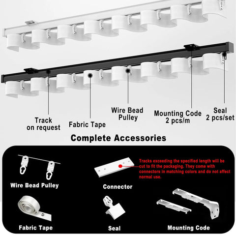 Heavy Duty Ripplefold Snap Track With Tape Set for Silent, Smooth Curtain Runs, Aluminum Rail, Fits 3.3ft to 19.7ft Lengths, Blackout Curtains Compatible, Ideal for Office or Home, White Finish, Durable Rail System with accessories