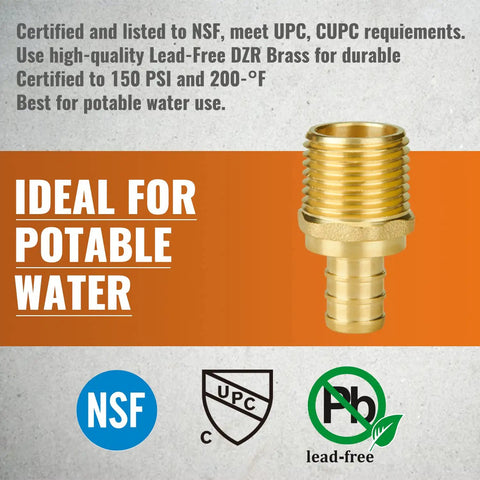 DIY Friendly One Half Inch PEX Fittings Kit, Ten Pack One Half Inch PEX Male Adapters, lead-free brass, NSF ANSI 61 certified