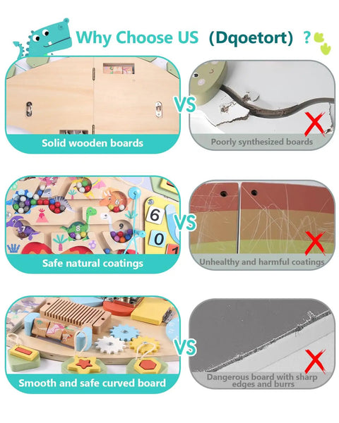 Comparison of quality features for Kid Approved Dinosaur Wall Busy Board with safe materials versus harmful boards.