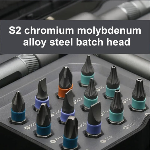 Close-up of 24-In-1 Magnetic Screwdriver Set bits with detachable ratchet handle in S2 chromium molybdenum alloy steel.