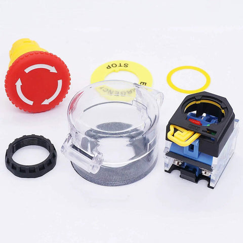 Components of Emergency Stop Push Button Switch 22mm Panel Mount Red Mushroom Latching Action With 1NO 1NC Contacts 10A 440V AC