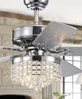 Close-up of HomeStock Letta 52 Inch Lighted Ceiling Fan with Crystal Accents and Reversible Motor, Silvertone Chrome.