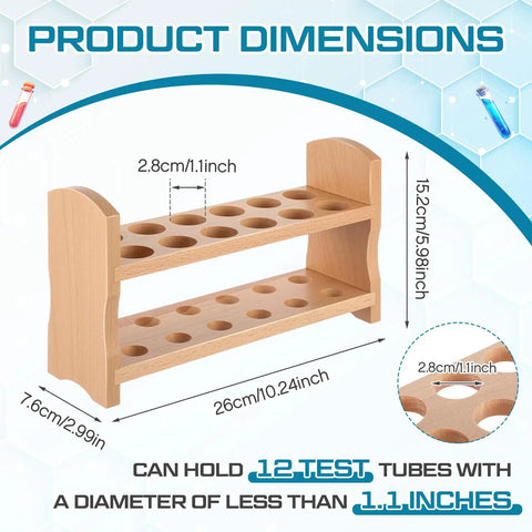 Beech Wood Test Tube Rack, Premium Lab Gear Holder, 12 Holes, 2 Pack, dimensions and tube capacity illustration, 10.2 Inch Wide