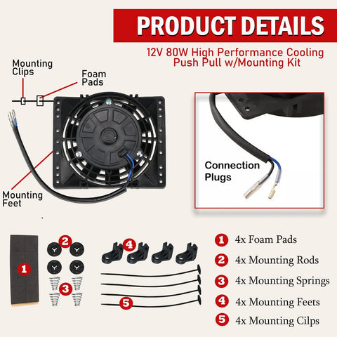 6 Inch Slim Push Pull Electric Cooling Fan Kit With 650 CFM Radiator Oil Cooler Mount Black 2 Pack 2250 RPM 80W component details