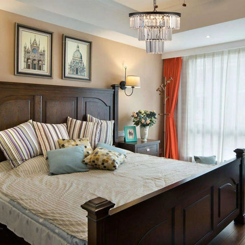 Bedroom with Black Crystal Chandelier 3 Tier Pendant Light Modern Round Ceiling Lamp Showstopper, elegant decor