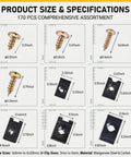 Product size and specifications for All In One 170 Piece Car Screw And U Clip Kit With Metal Fasteners For Dash And Door Panels