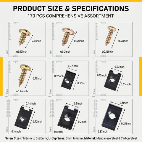 Product size and specifications for All In One 170 Piece Car Screw And U Clip Kit With Metal Fasteners For Dash And Door Panels
