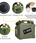 3.2 Gallon Portable Water Jug With Spigot For Camping And Hiking, BPA Free Military Green Water Storage Tank showing features