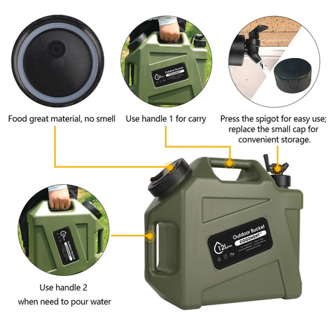 3.2 Gallon Portable Water Jug With Spigot For Camping And Hiking, BPA Free Military Green Water Storage Tank showing features