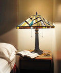 Two Light Tiffany Style Table Lamp With Antique Cream Amber Stained Glass, Handcrafted Shade on nightstand