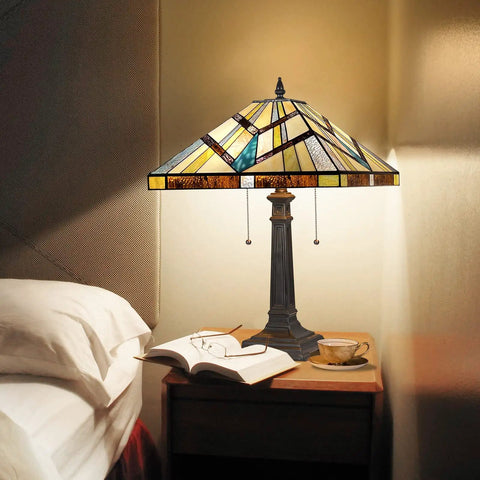 Two Light Tiffany Style Table Lamp With Antique Cream Amber Stained Glass, Handcrafted Shade on nightstand