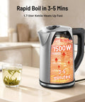 Front view of Six Preset Temperature Electric Kettle With Dope Precision Control, 1.7L Stainless Steel, 1500W Fast Boil shown boiling