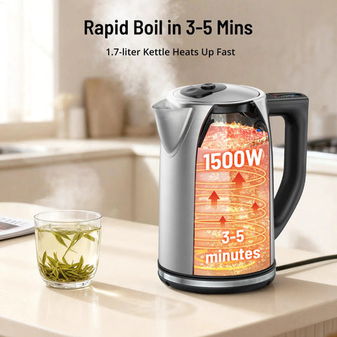 Front view of Six Preset Temperature Electric Kettle With Dope Precision Control, 1.7L Stainless Steel, 1500W Fast Boil shown boiling
