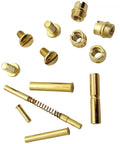 Straight Up Quality Polished Gold Plated 1911 Grip Screws Pins And Bushings Set with various screws and pins shown.