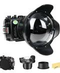 Underwater Housing For Sony ZV-E10 With Dome Port, Waterproof To 40 Meters 130 Feet, camera housing set and dome accessories displayed