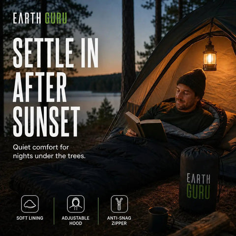 Person reading in a tent with All Season Waterproof Sleeping Bag For Adults And Kids, 50F To 77F Temperature Range visible.
