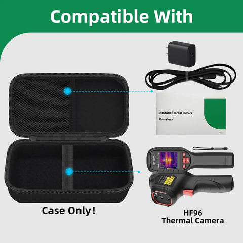 Durable Hard Case For HF96V HF96 Thermal Imaging Camera With Handle Strap, Shockproof Shell, Black, shown with accessories.