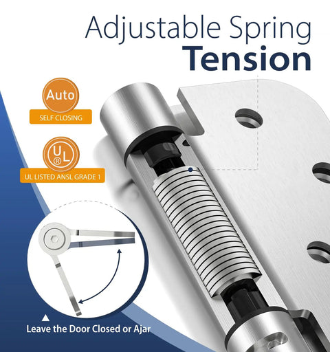 3 Pack 4 Inch Self Closing Door Hinges With 5/8 Inch Radius Corners In Brushed Nickel, Easy Install With Stainless Steel Mounting Screws For Kitchens Bathrooms Garages Offices And Interior Doors. Adjustable spring tension hinge close-up